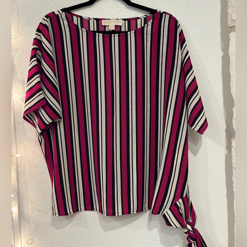 Michael Kors Pink, Black and White Striped Tie Front Blouse